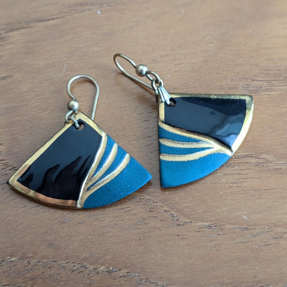 Vintage-Style Art Deco Fan Earrings in Black, Teal & Gold Retro Bohemian Hippie